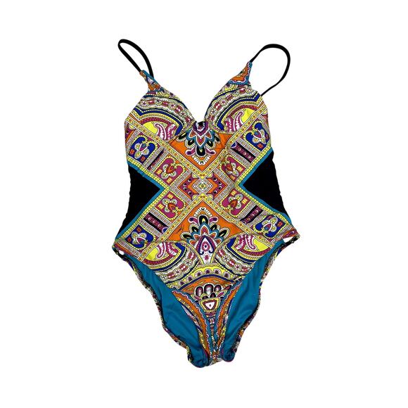 Trina Turk Nepal Printed One Piece Swimsuit Beaded Cut Out Side Strappy Back 10 - Picture 2 of 8